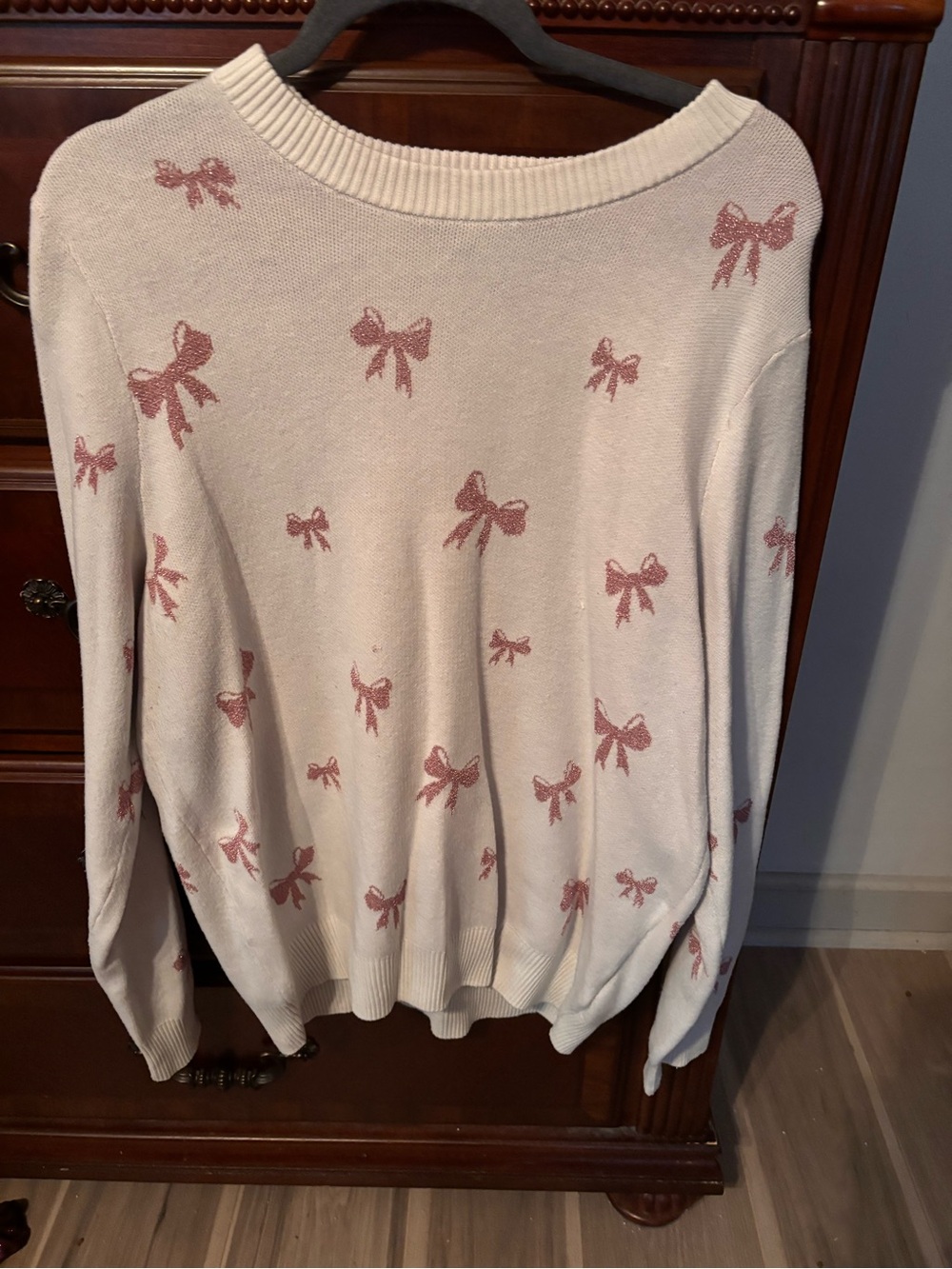 Women’s Cream Crewneck Sweater with Pink Bow Accents